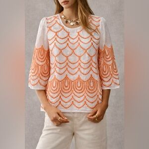 BLUE TASSEL: Fanta Silk/Cotton Embroidered Blouse